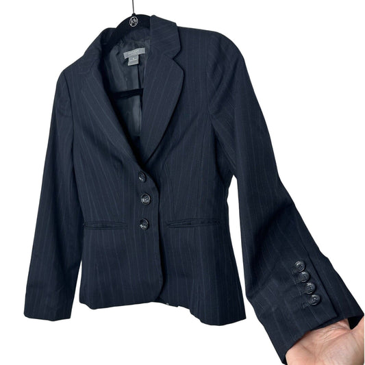 Ann Taylor Navy Pinstripe Crop Blazer Shawl Collar Button Sleeve Welt Pocket OP