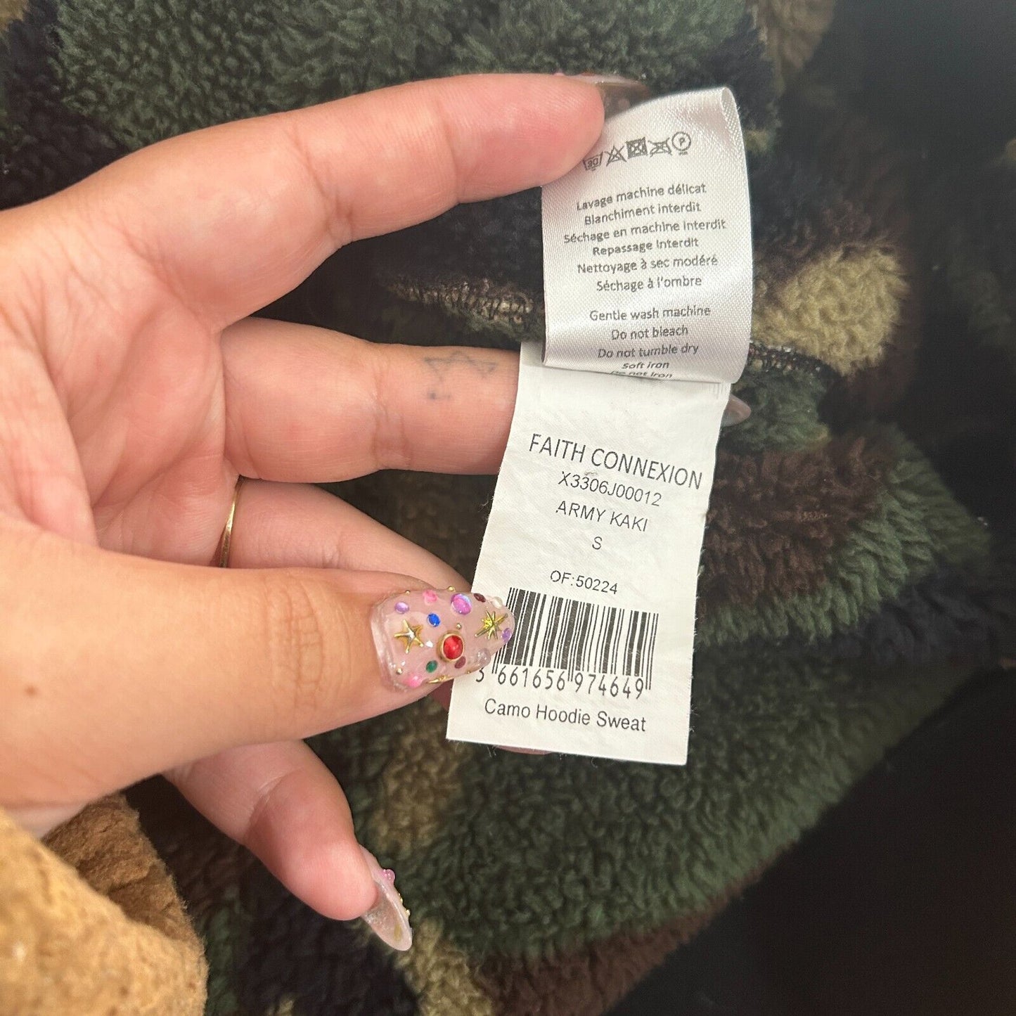 Faith Connexion Camo Sherpa Zip Hoodie Jacket Split Kangaroo Pocket Lace Side SM