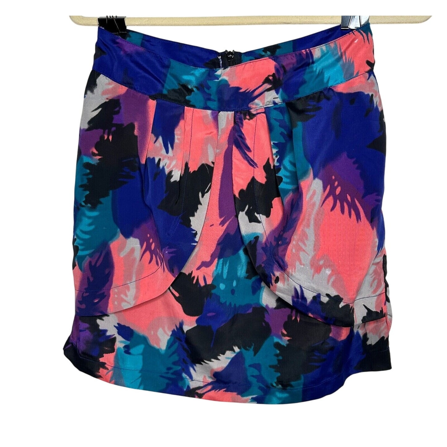 Delicia Satin Purple Pink Blue Geometric Light Side Tulip Zip Back Skirt S