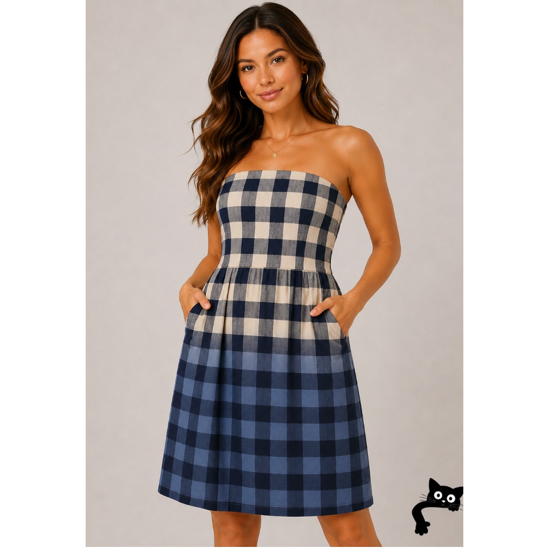 Gap Cute Plaid Linen Tan Black Blue Navy Ombre Strapless Dress Side Pockets 2