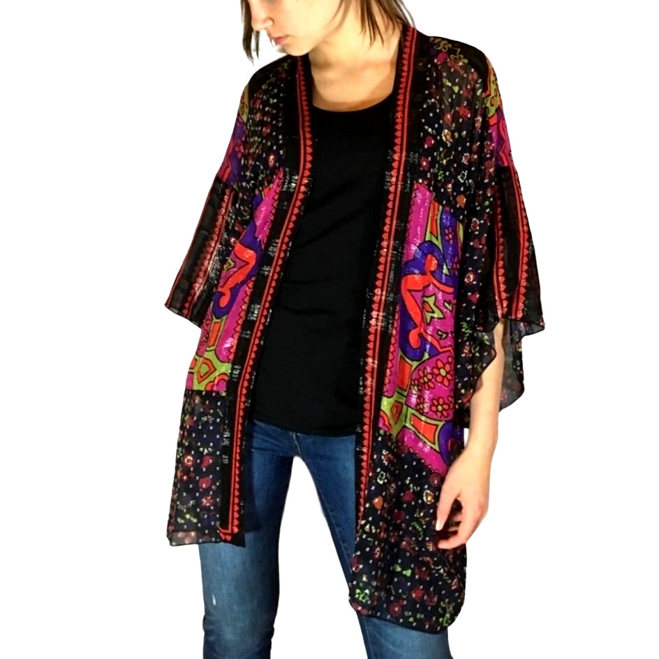 Anna Sui Multicolor Pink Black Purple Sheer Shimmer Floral Paisley Kimono M / L