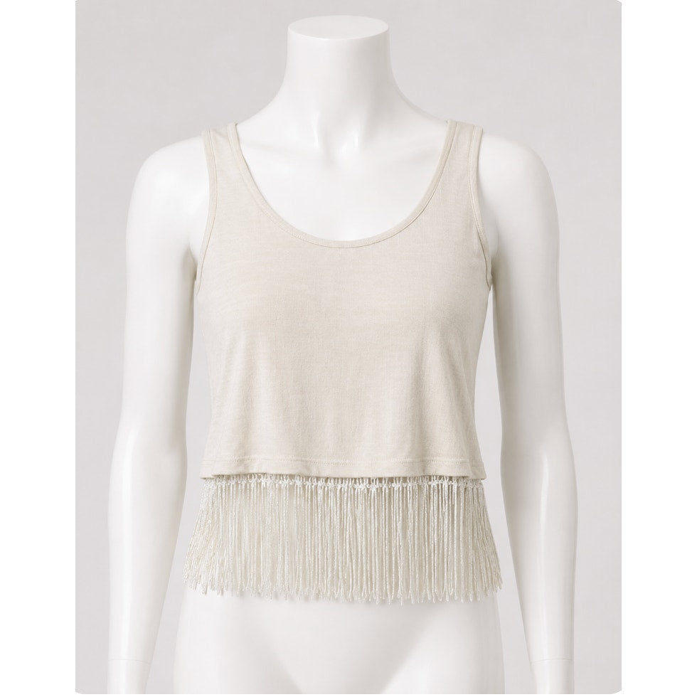 Heart & Hips Sleeveless Soft Cream Scoop Neck Braided Fringe Crop Top Tank S