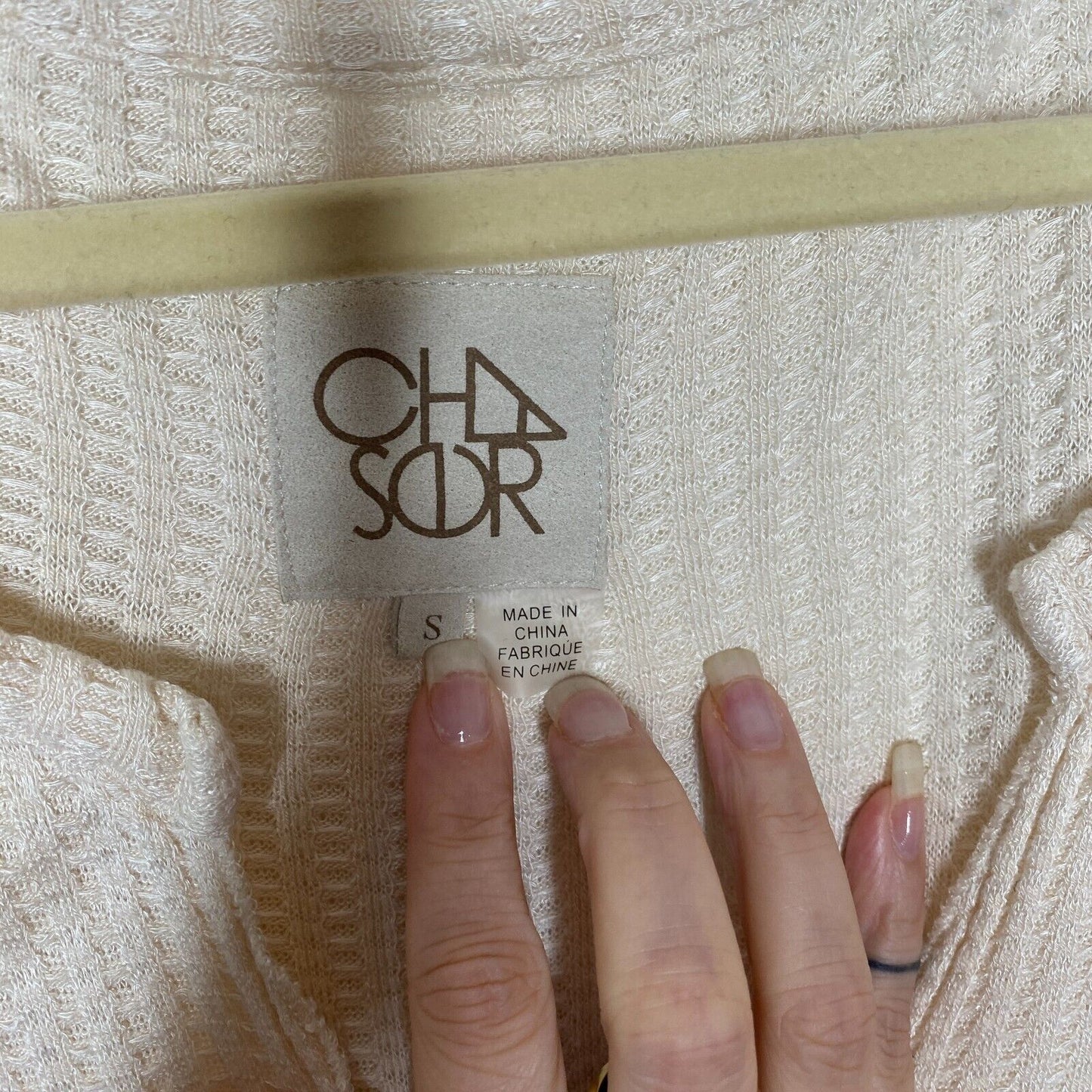 Chaser Vintage Cream Thermal Raw Split Neck Long Sleeve Soft Stretchy Top S