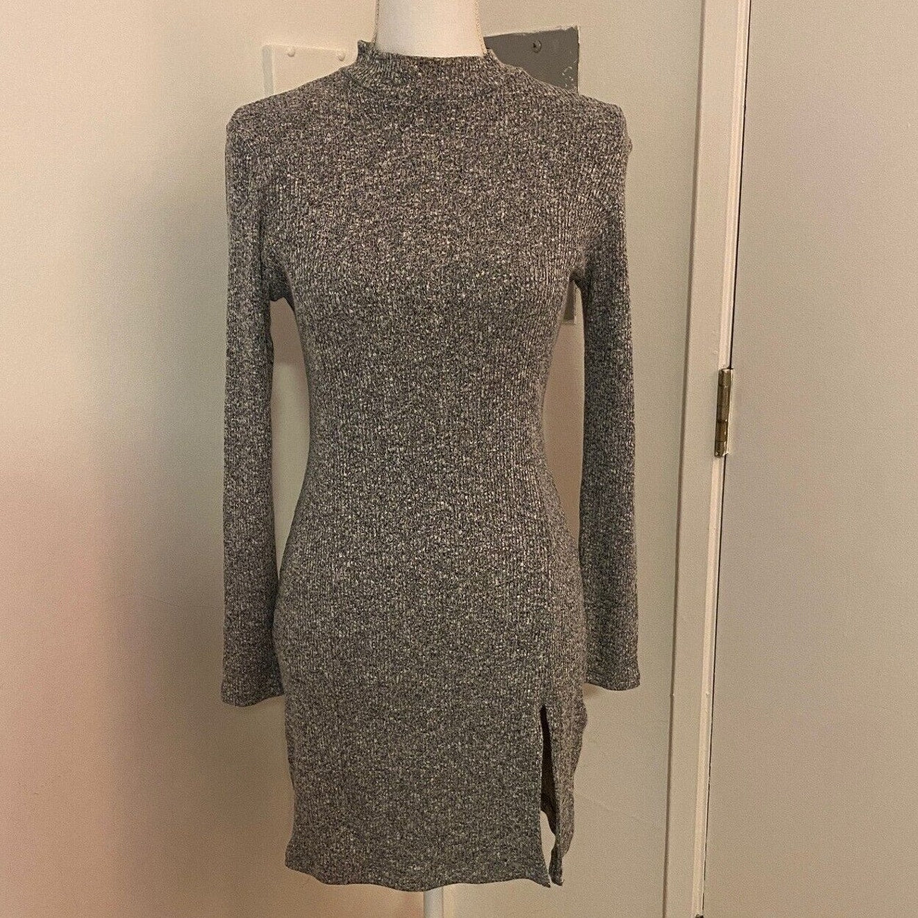 Better Be Marled Grey Knit Mock Neck Long Sleeve Split Front Bodycon Mini M