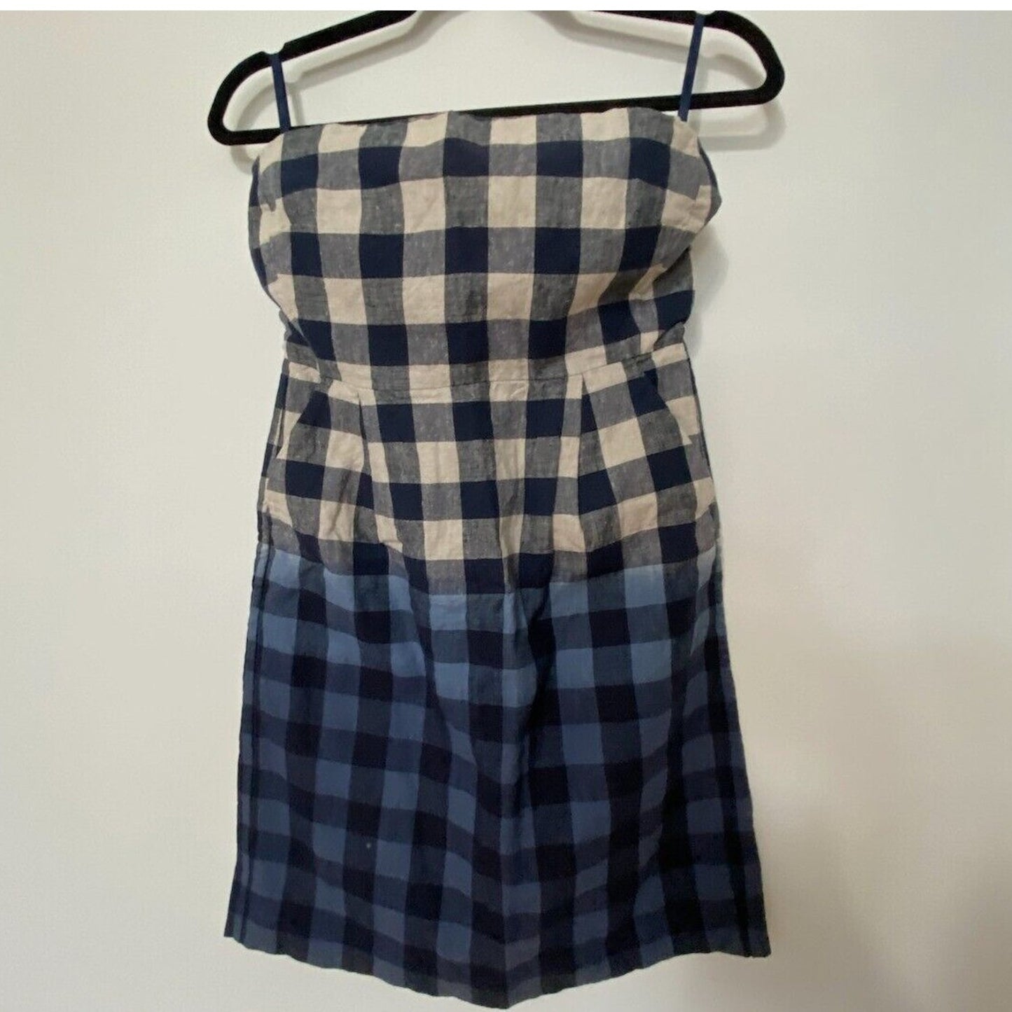 Gap Cute Plaid Linen Tan Black Blue Navy Ombre Strapless Dress Side Pockets 2