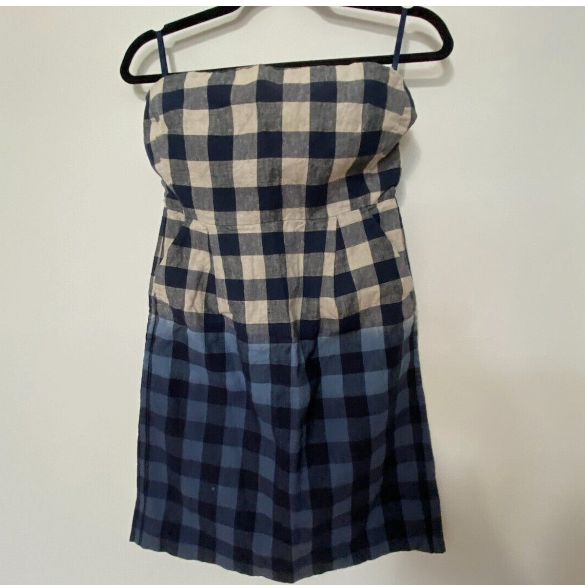 Gap Cute Plaid Linen Tan Black Blue Navy Ombre Strapless Dress Side Pockets 2