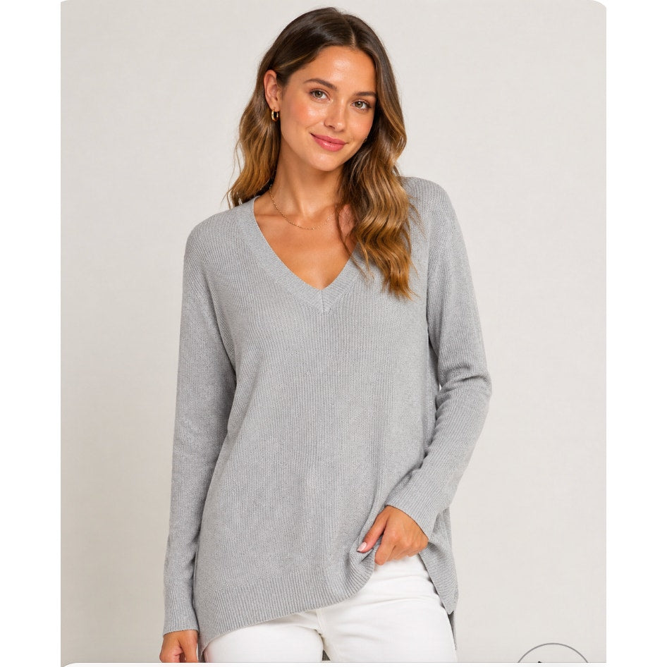 Cotton On Gray V-Neck Light Weight Knit Long Line Banded Sweater Jumper Large
