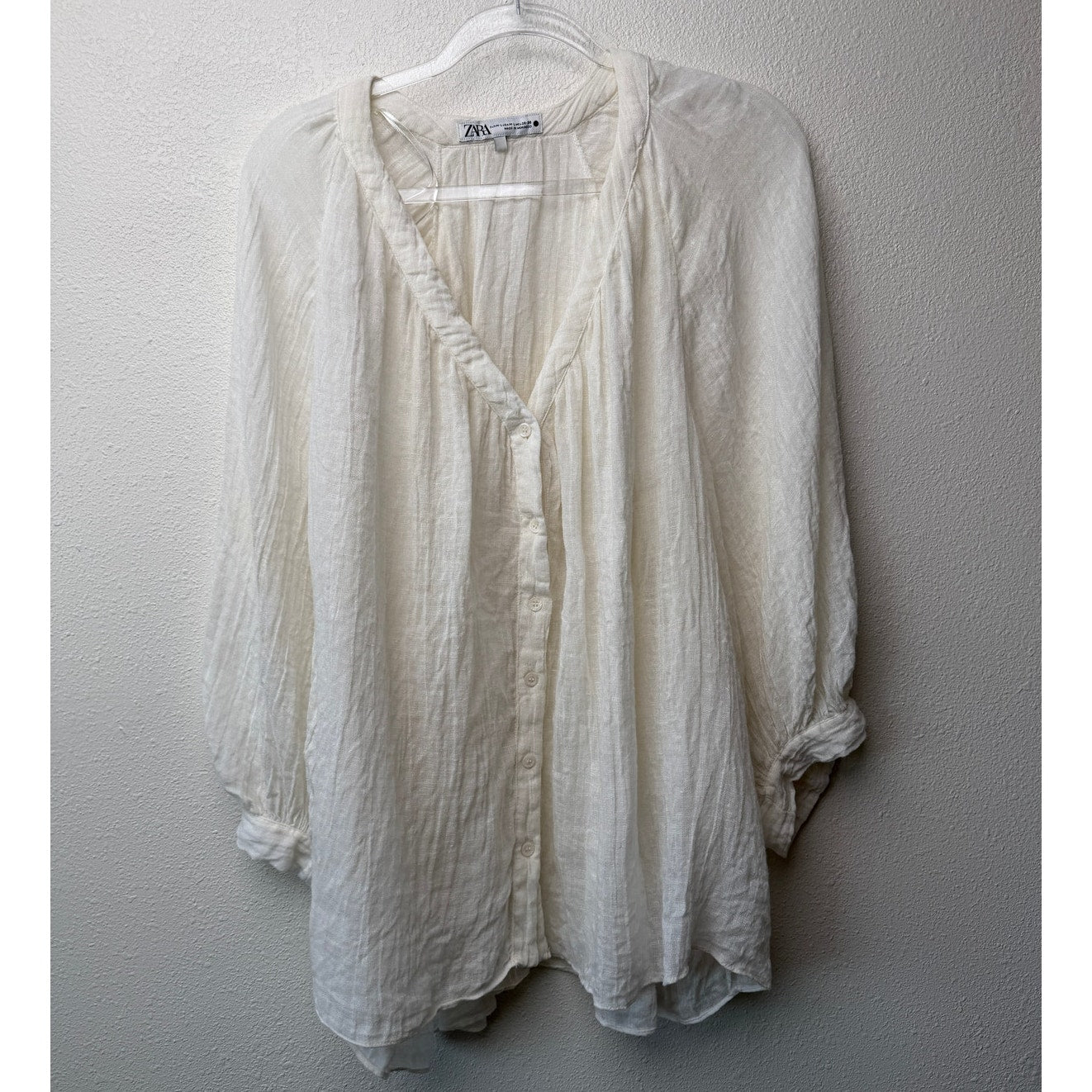 Zara Cream Linen Blend Crinkle V-Neck Boxy Button Front Boho Blouse M/L