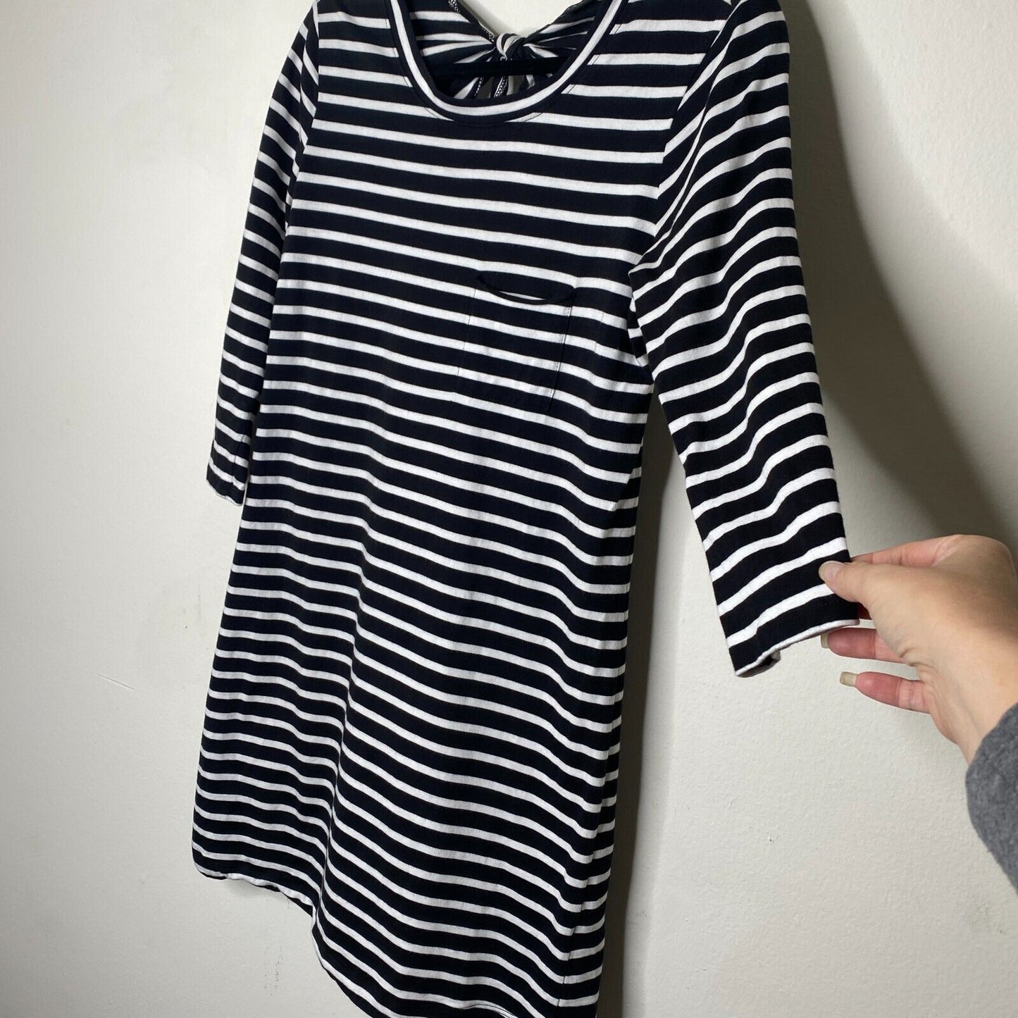 Evereve Sanctuary 3/4 Sleeve Black & White Stripe Open Back Tie Neck Dress XS
