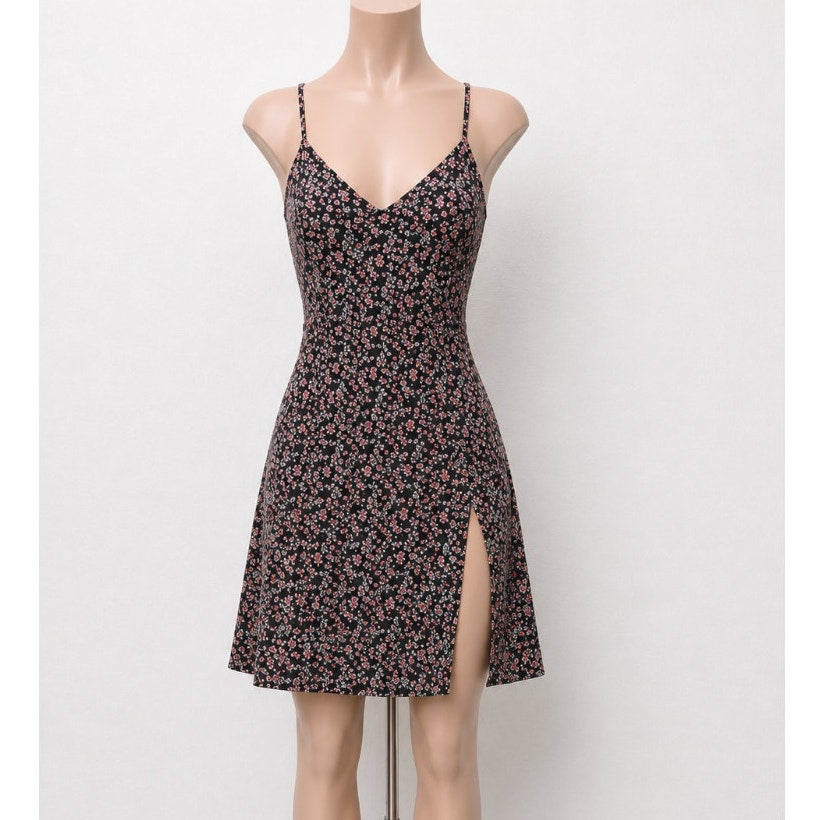 Polly Black Pink Blue Floral Print VNeck Spaghetti Strap Side Slit Dress 6