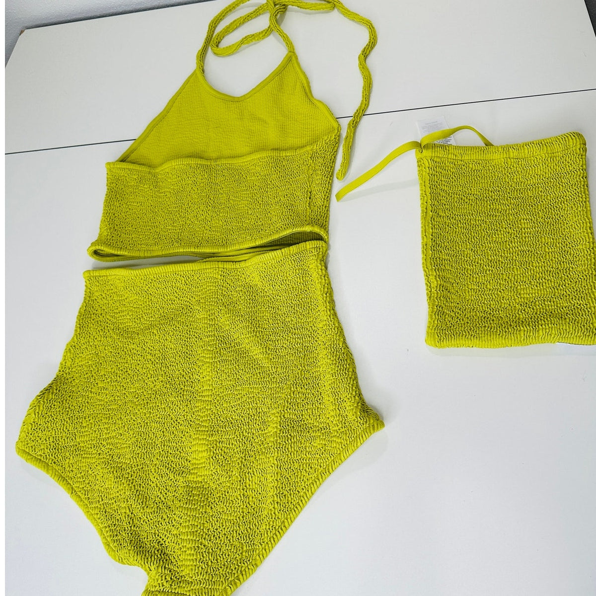 Bottega Veneta Chartreuse Seersucker Halterneck Bikini Set W/ Bag 42 / 6