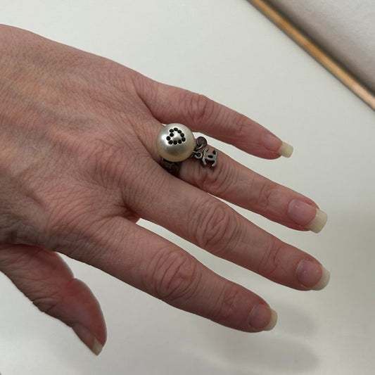 Chanel Paris Silver  Embossed Logo Pearl Crystal Heart Dangle Ring 6.5