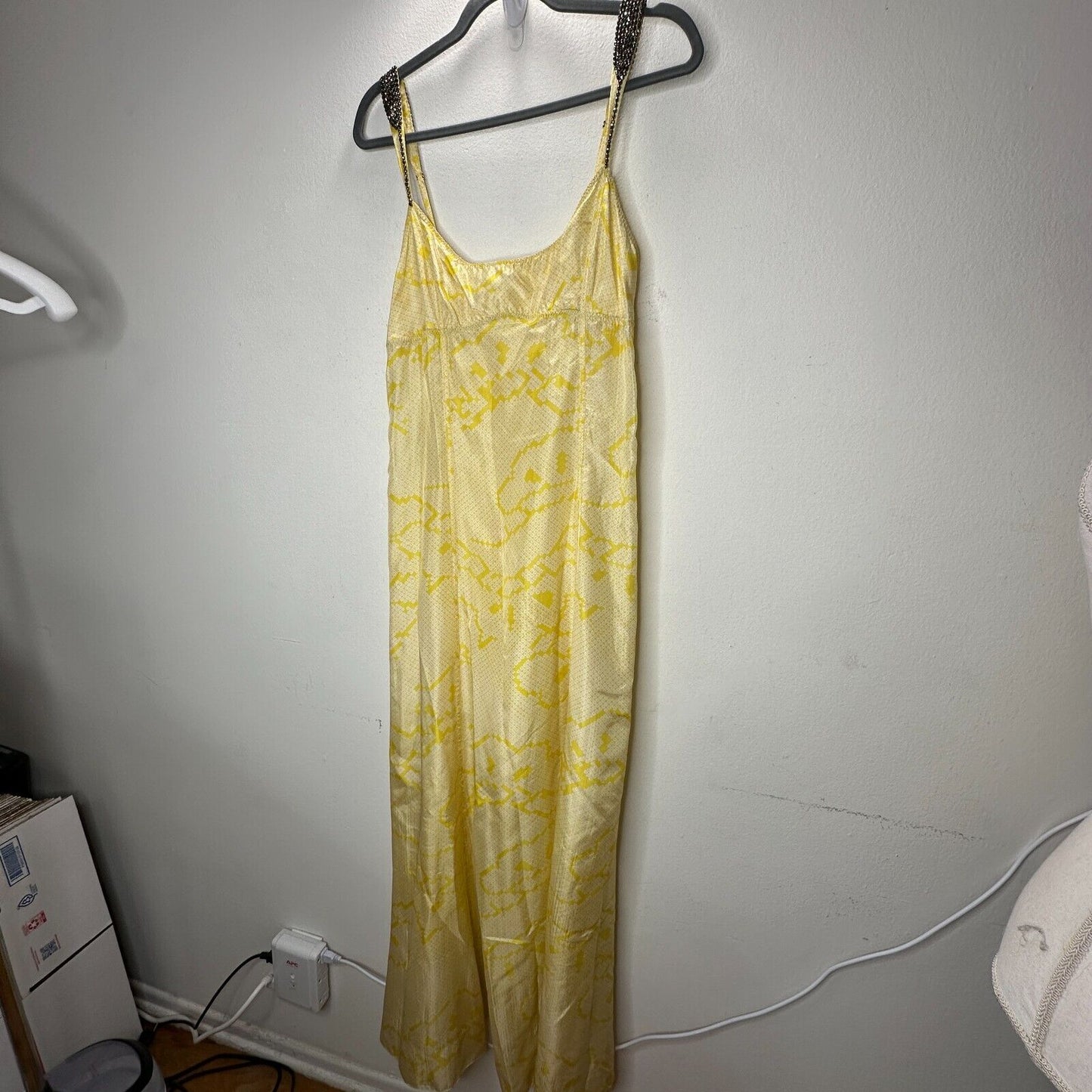 YA-YA 100% Silk Yellow Snake Print Round Neck Amber Beaded Straps Slip Maxi S