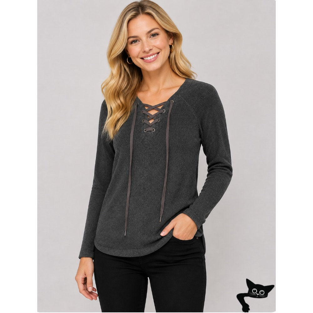 VELVET Graham and Spencer Gray Billow Lace up V-Front Long Sleeve Jersey Top XS