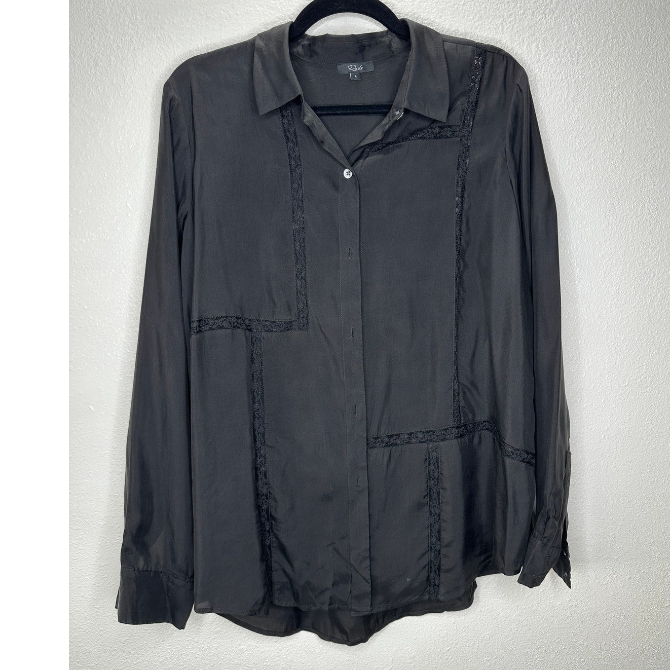 Rails Mona in Black Crepe Lace Long Sleeve Button Collared Shirt L