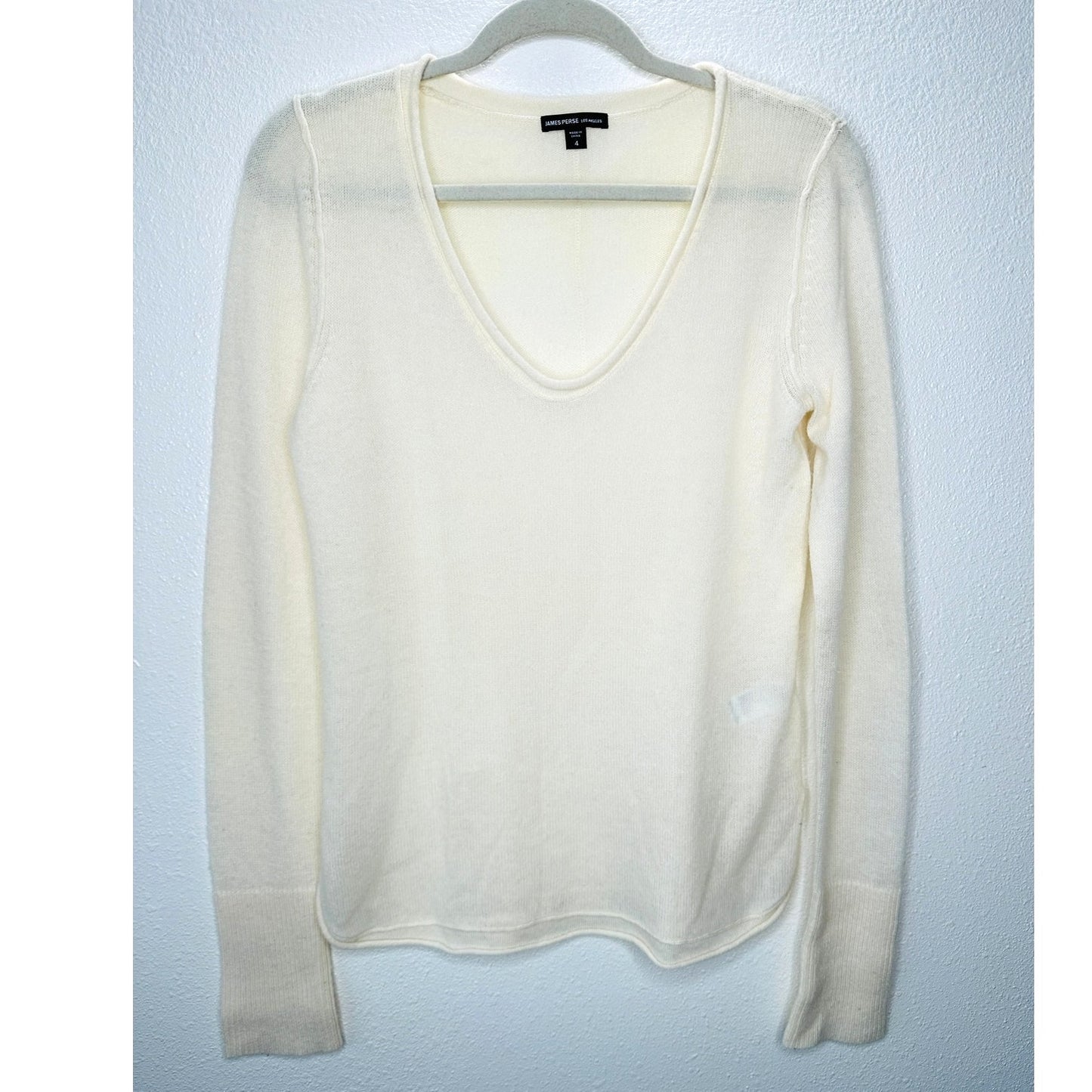 James Perse Cream Long Sleeve Scoop V Neck Cashmere Sweater 4 / XL