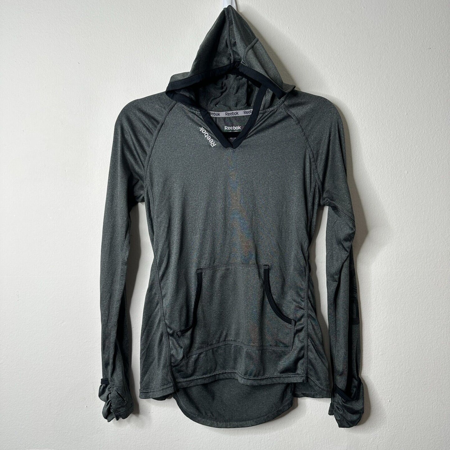 Reebok Gray Long Sleeve Light Hooded Pullover Running Shirt Front Pockets XS