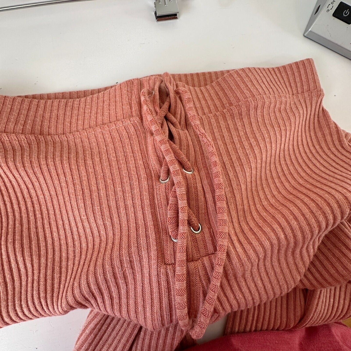 NWT Topshop Comfy Peach Ribbed Knit Flare Leg Lace-Up Front Tie Legging Pant 6