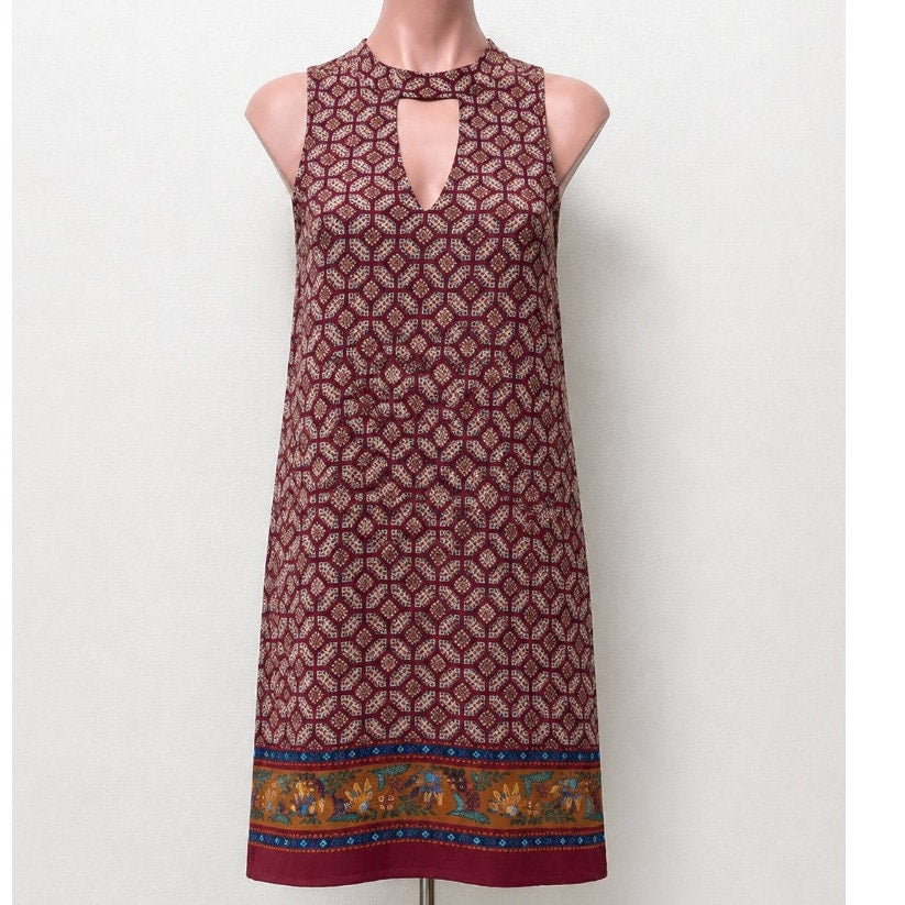 NWT Soprano Wine Paisley Print Multi Floral V-Neck Key Hole Sleeveless Dress XS