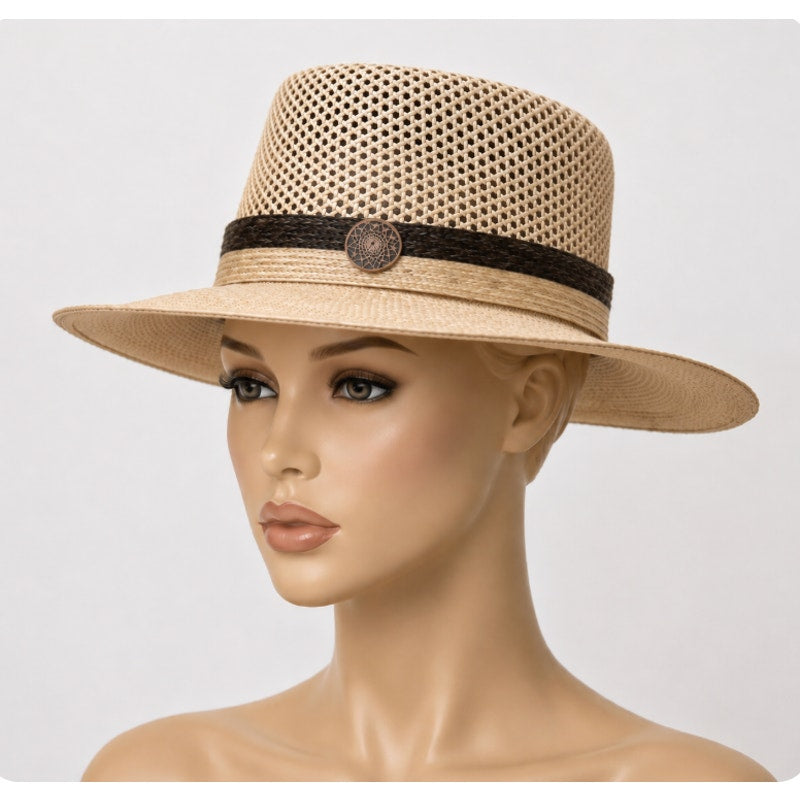 Temple Tan & Brown Basket Weave Rattan Wide Brim Hat Embellished Dark Brown Band