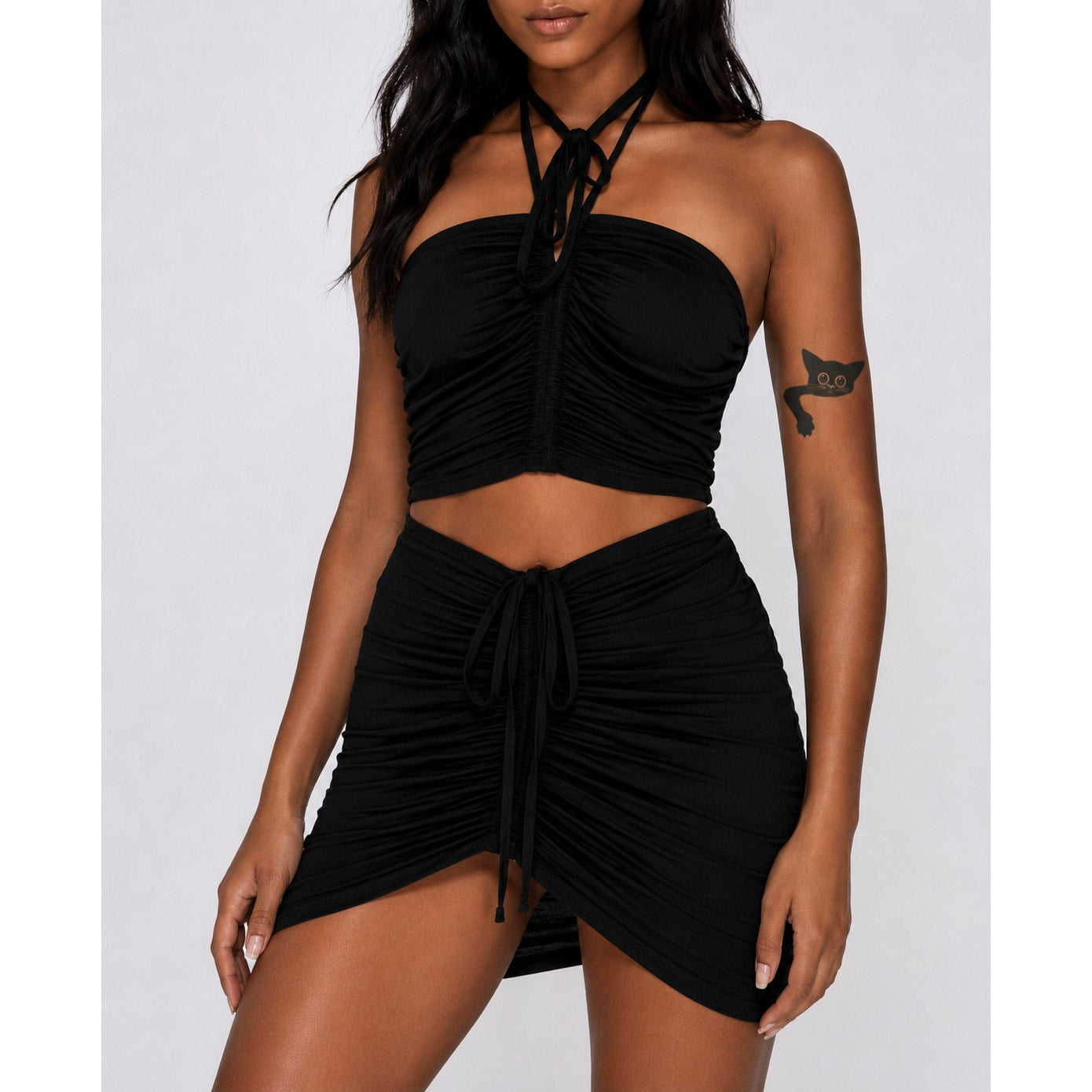 I.AM.GIA Black Ruched Mid-Rise Fitted Wrap Self Tie Waist Wrap Skirt XS