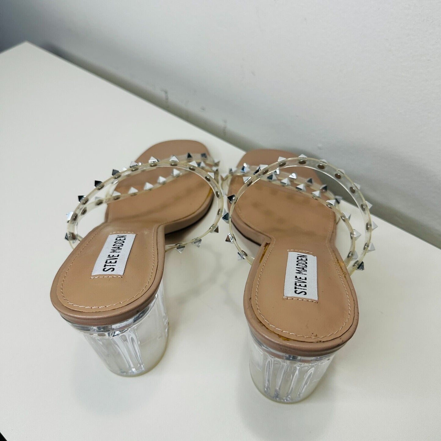 Steve Madden Nude Lucite Tangent Cone Heel Clear Silver Studded Strappy Sandal 9