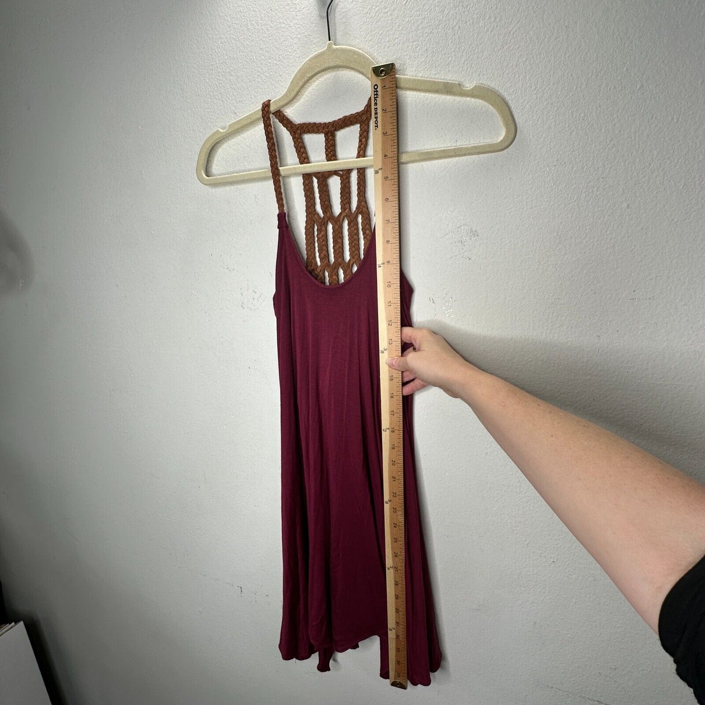 Sky Burgundy Scoop Neck Hand Braided Leather Design Back Strap Flowy Dress XS