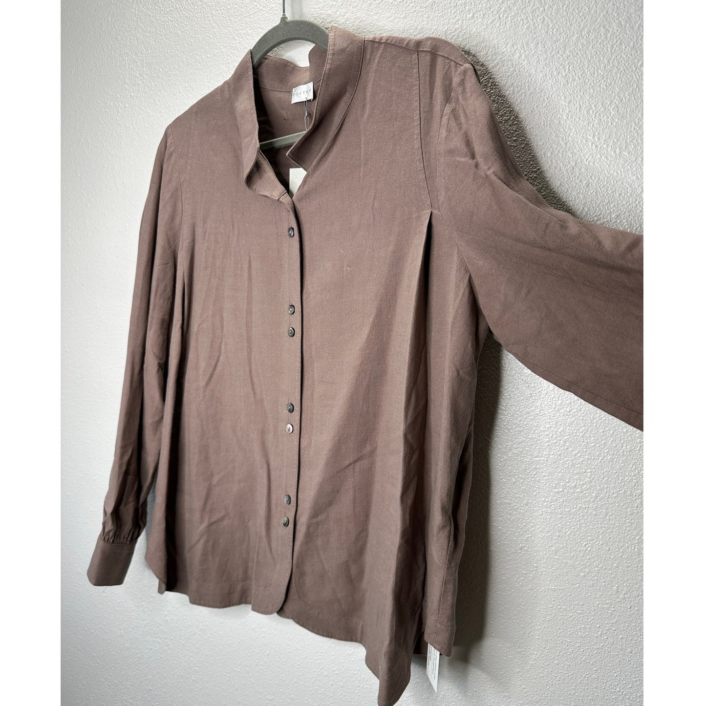 NWT Poetry Nut Brown Funnel Neck Double Button Front Long Sleeve Blouse 12