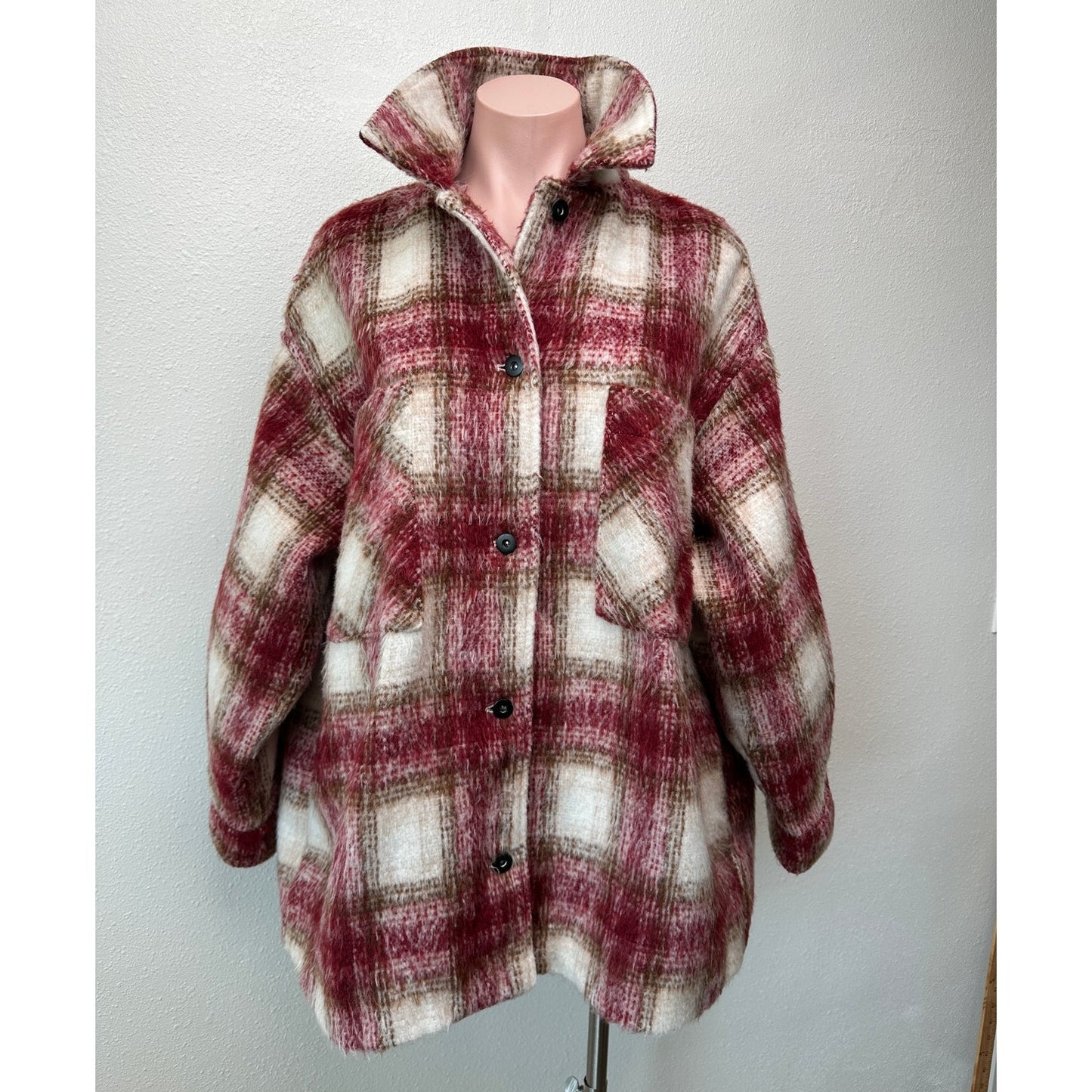 Zara Jacket Red Brown Cream Plaid Womens US XL Fuzzy