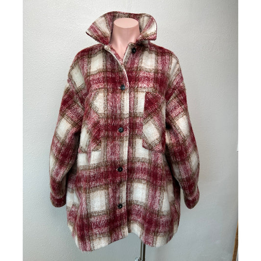 Zara Jacket Red Brown Cream Plaid Womens US XL Fuzzy