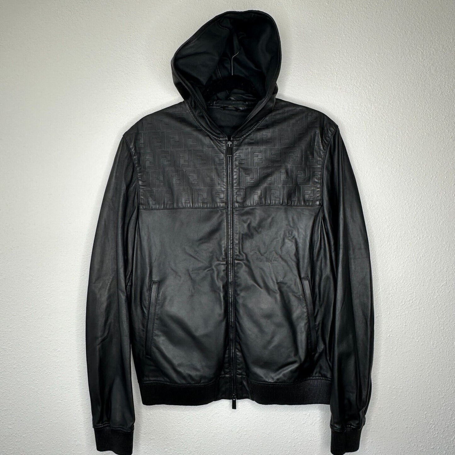 Fendi Black Soft Leather Fendi Embossed Monogram Front Long Sleeve Hooded Jacket