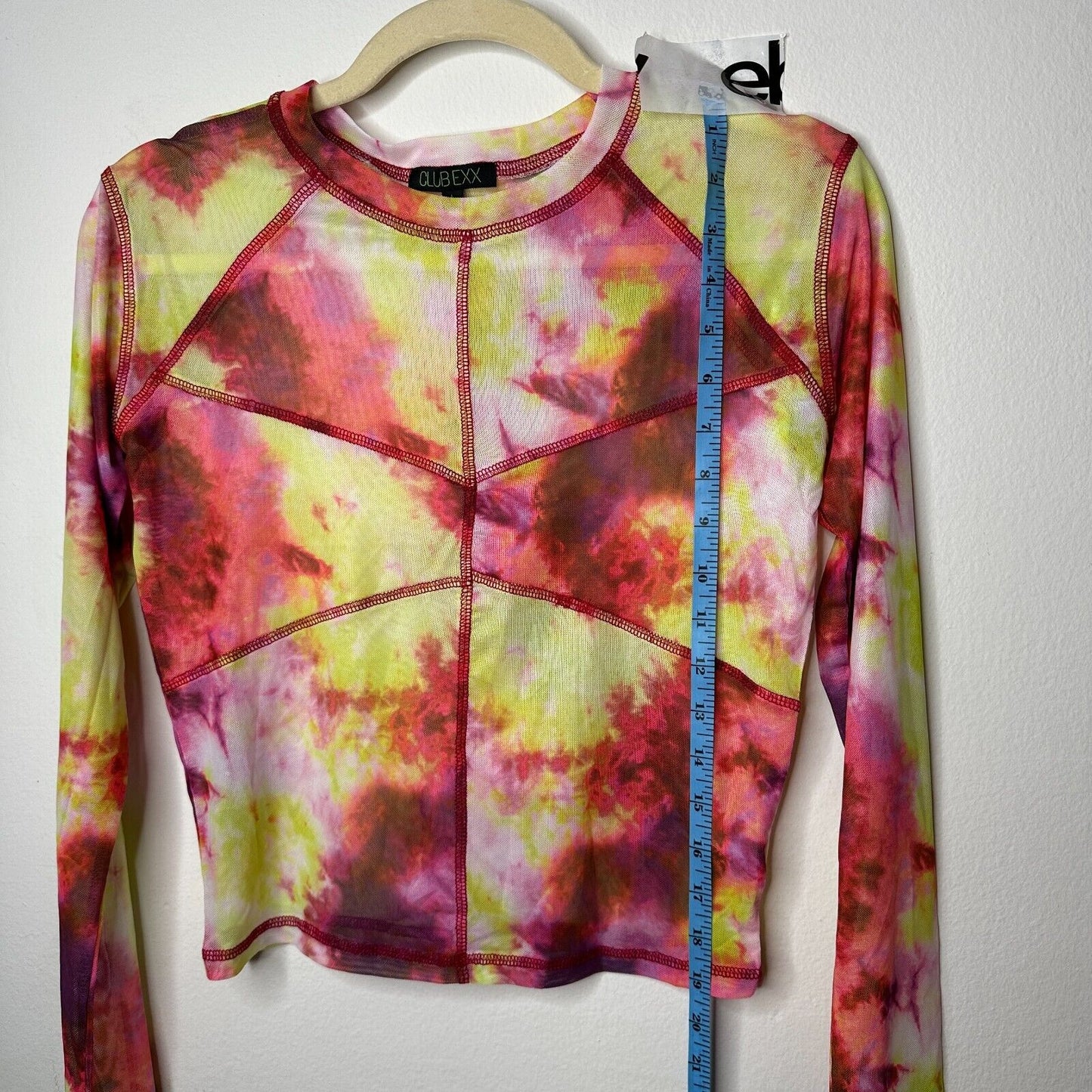 Club Exx Long Sleeve Mesh Crop and Matching Mini Skirt Tie Dye Pink Yellow Red L