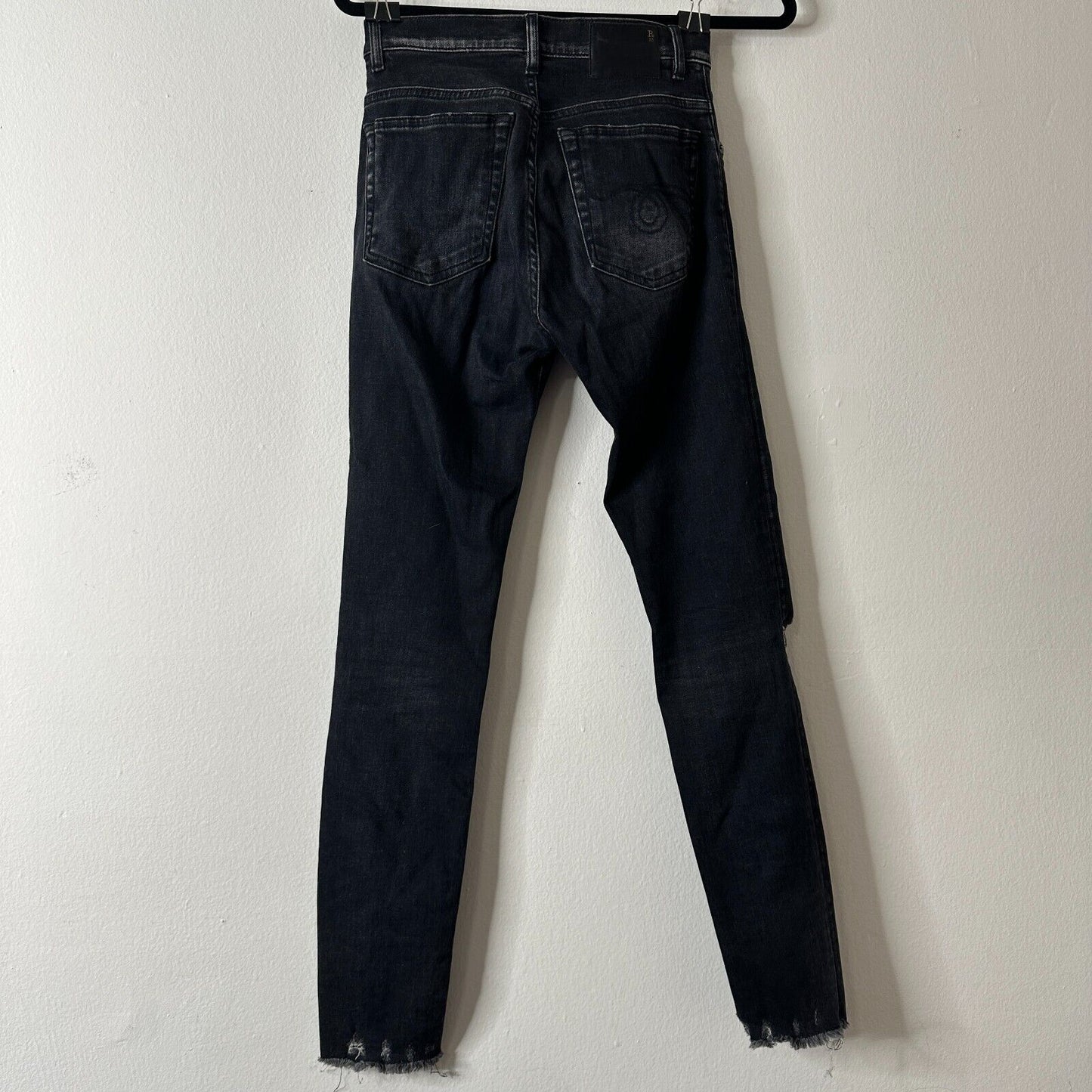 R13 High Rise Aiden Black Stone Wash Skinny Jeans Distressed Knees & Hem Size 26