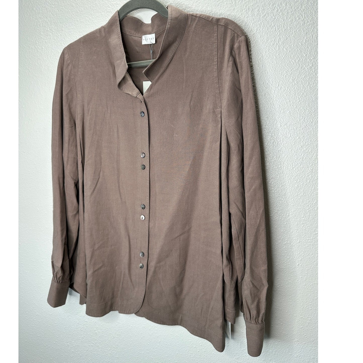 NWT Poetry Nut Brown Funnel Neck Double Button Front Long Sleeve Blouse 12