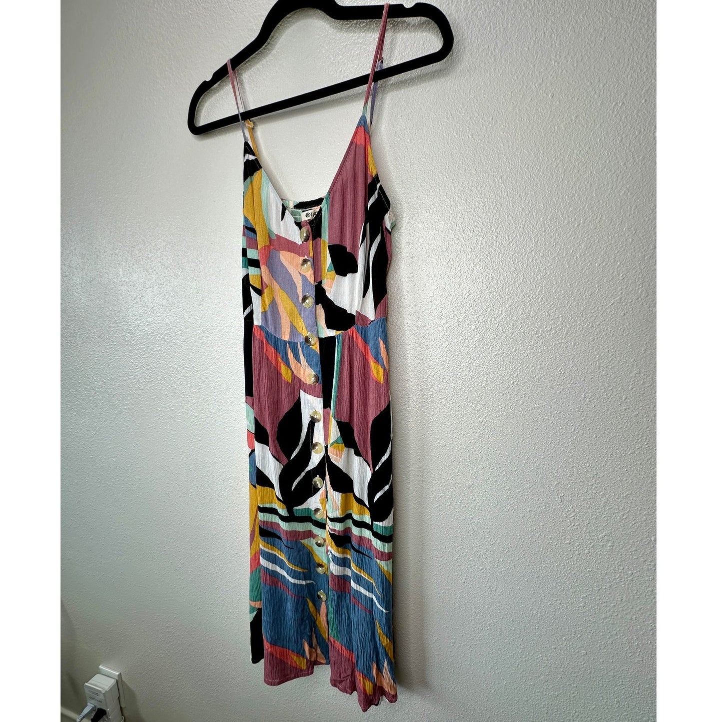 Rip Curl Black White Blue Abstract Tropical Print Button Front Swing Dress Boho M
