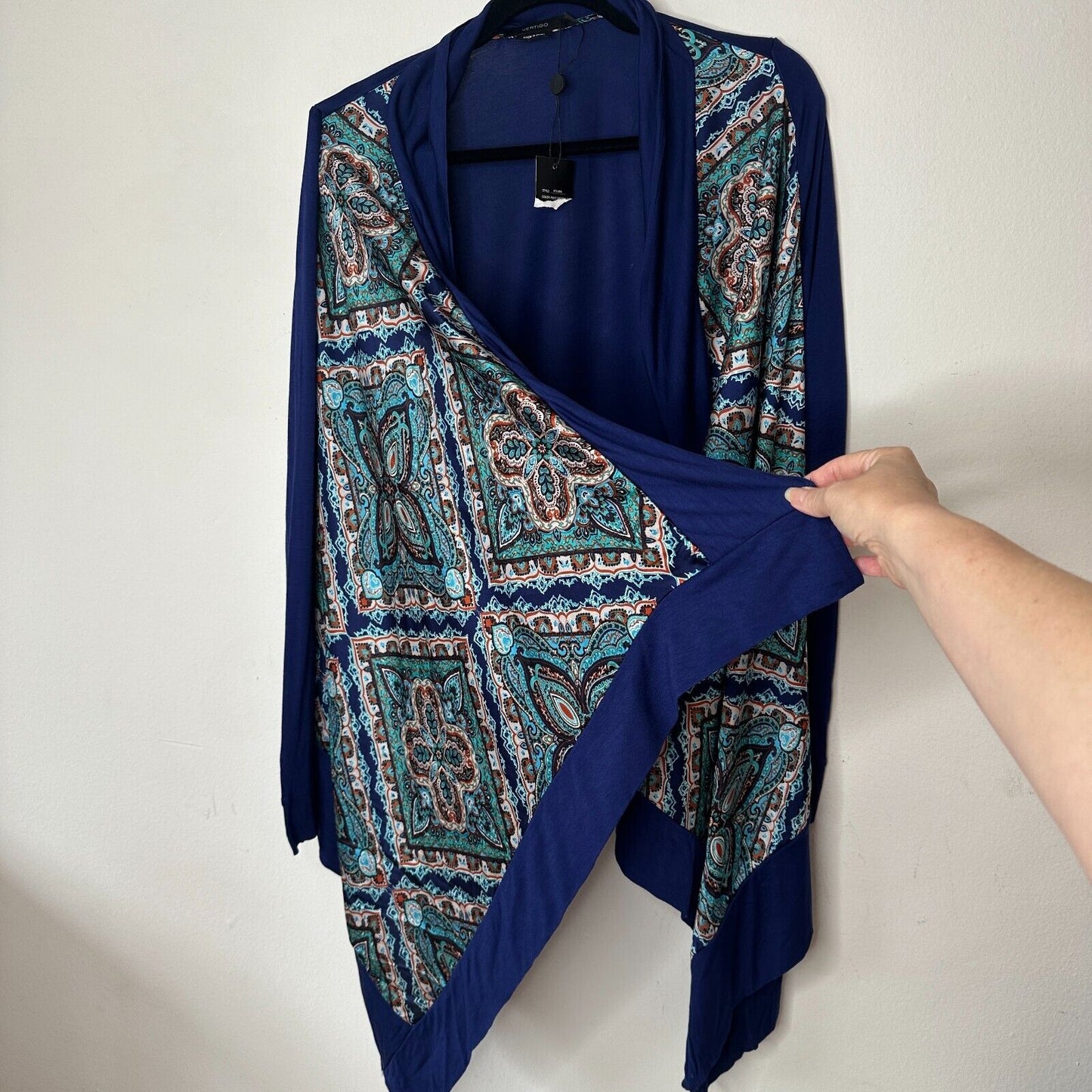 Vertigo Satin High Low Paisley Royal Blue Orange Long Sleeve Drape Cardigan S