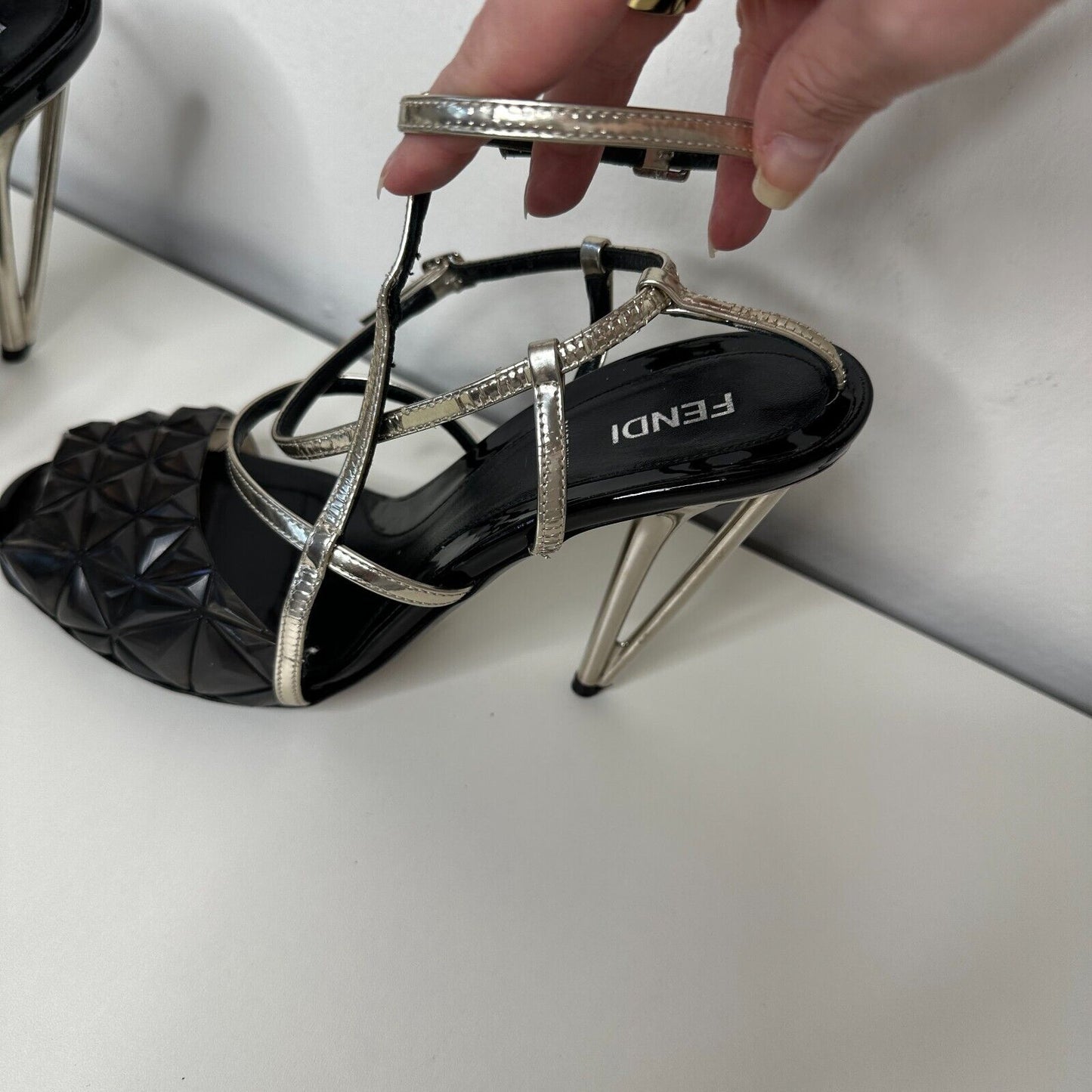 Fendi Cute Black Silver Iridia PVC Buckle Pyramid Metallic Strap Sandals 39