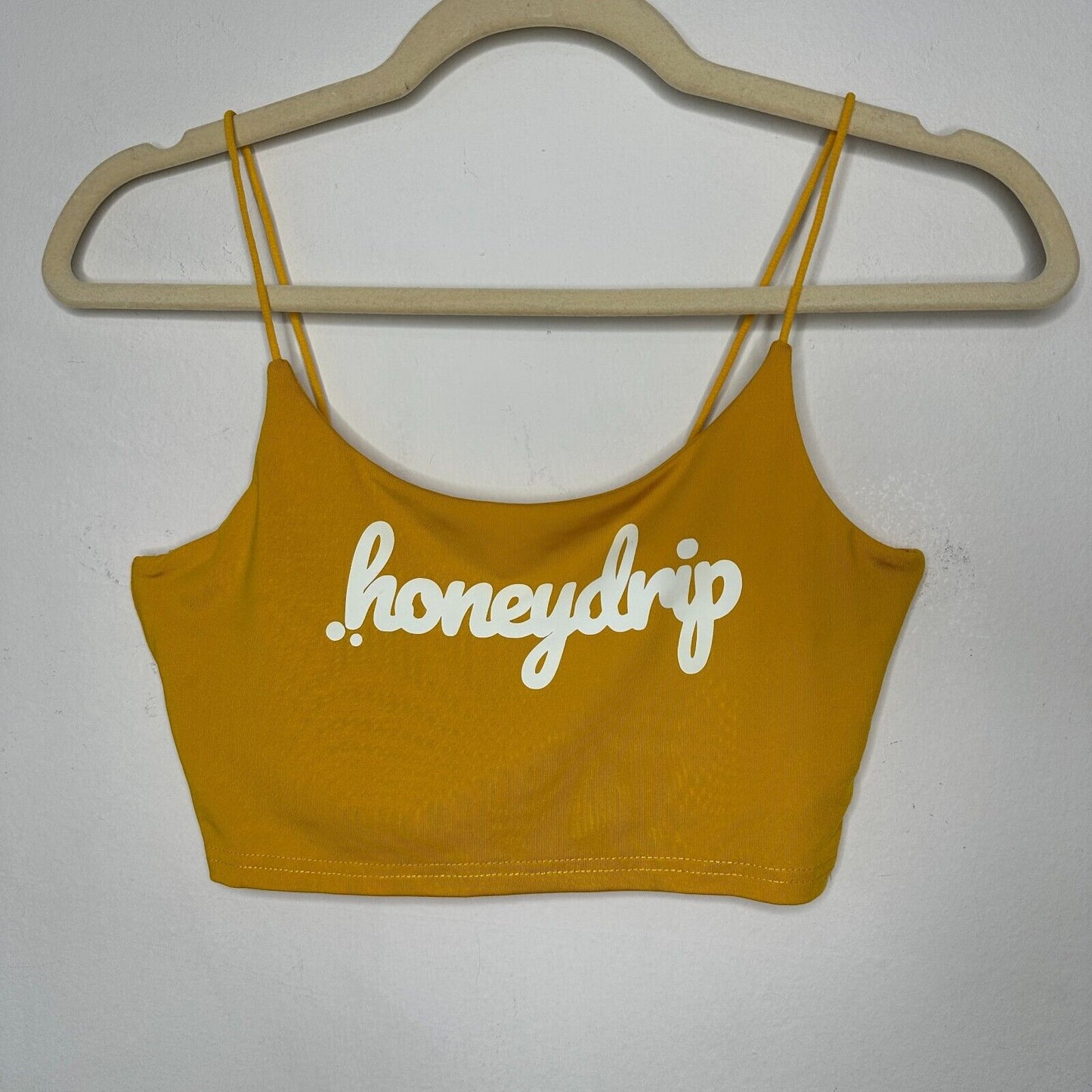Mustard Yellow Honeydrip Graphic Crop Top Stretchy Spaghetti Strap Cami S