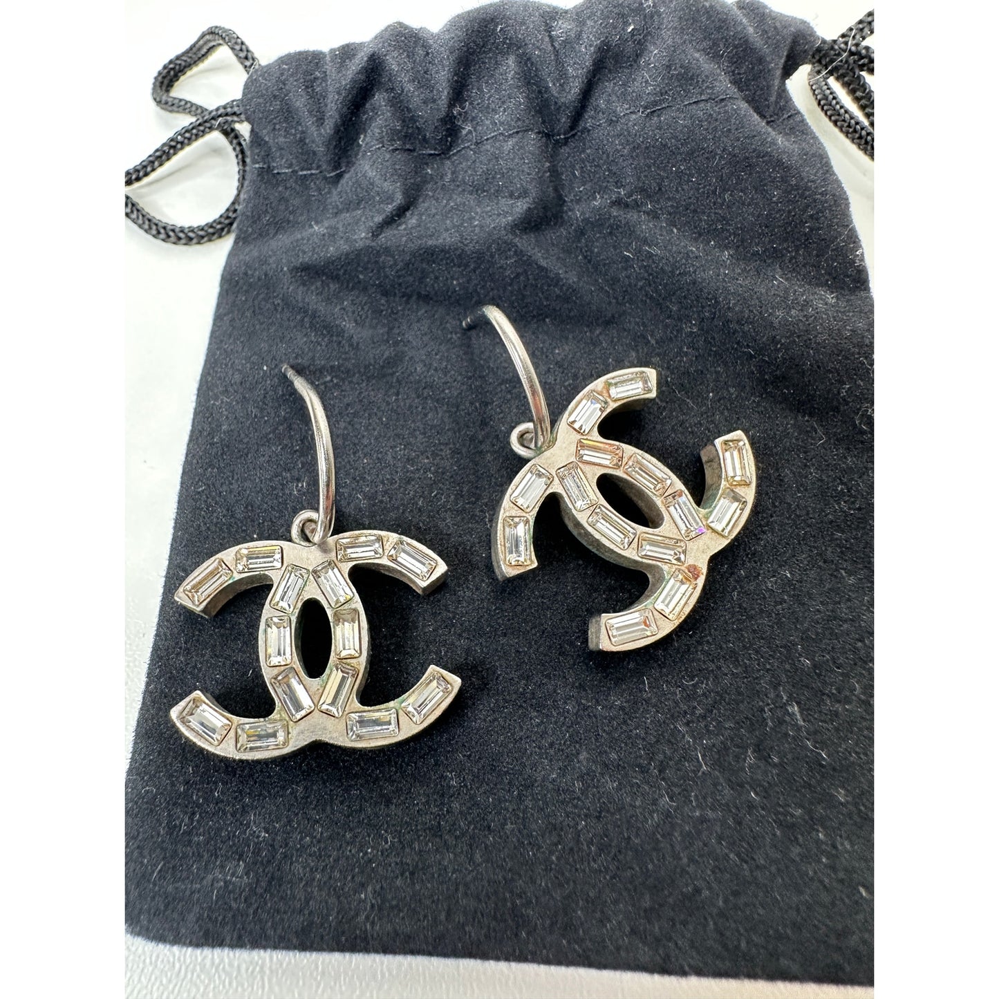 Chanel Baguette Stone Logo Silver Earrings Boucles Oreille Crystal