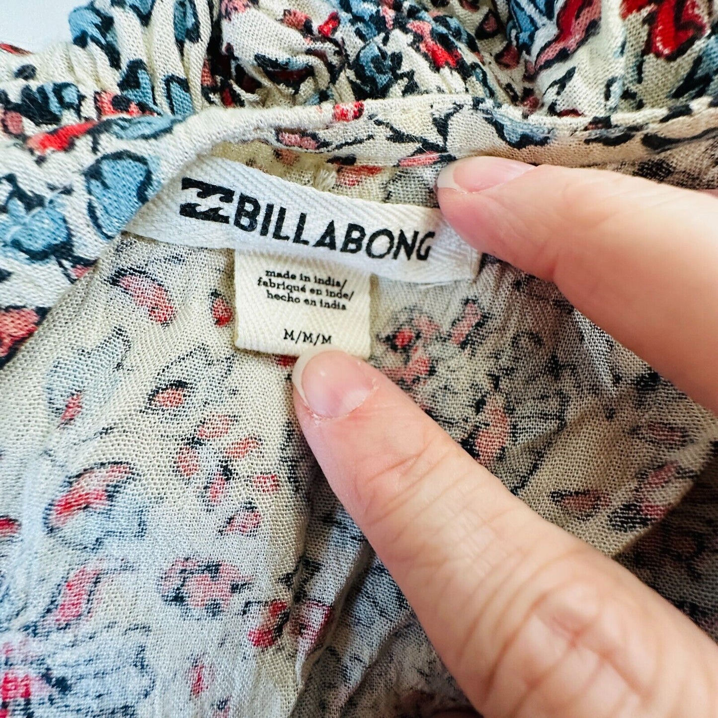 Billabong Cream Dusty Blue & Red Faux Wrap Deep-V Ruffle Hem Sleeveless Romper M