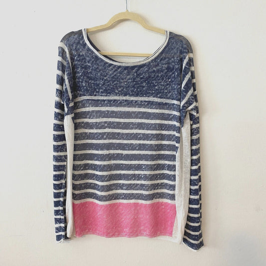 Splendid Blue White Pink Stripe Light Linen Boat-Neck Long Sleeve Sweater XS