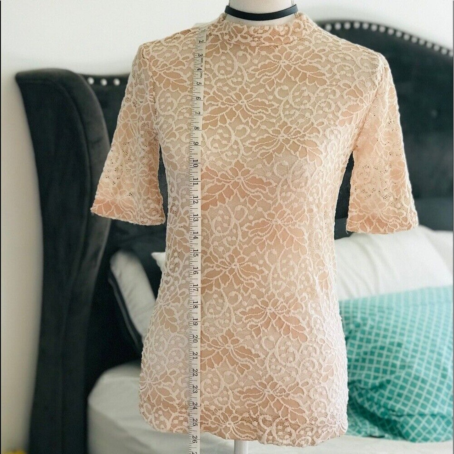 Mock Neck Bell Short Sleeve Blouse Sheer Floral Lace Design M
