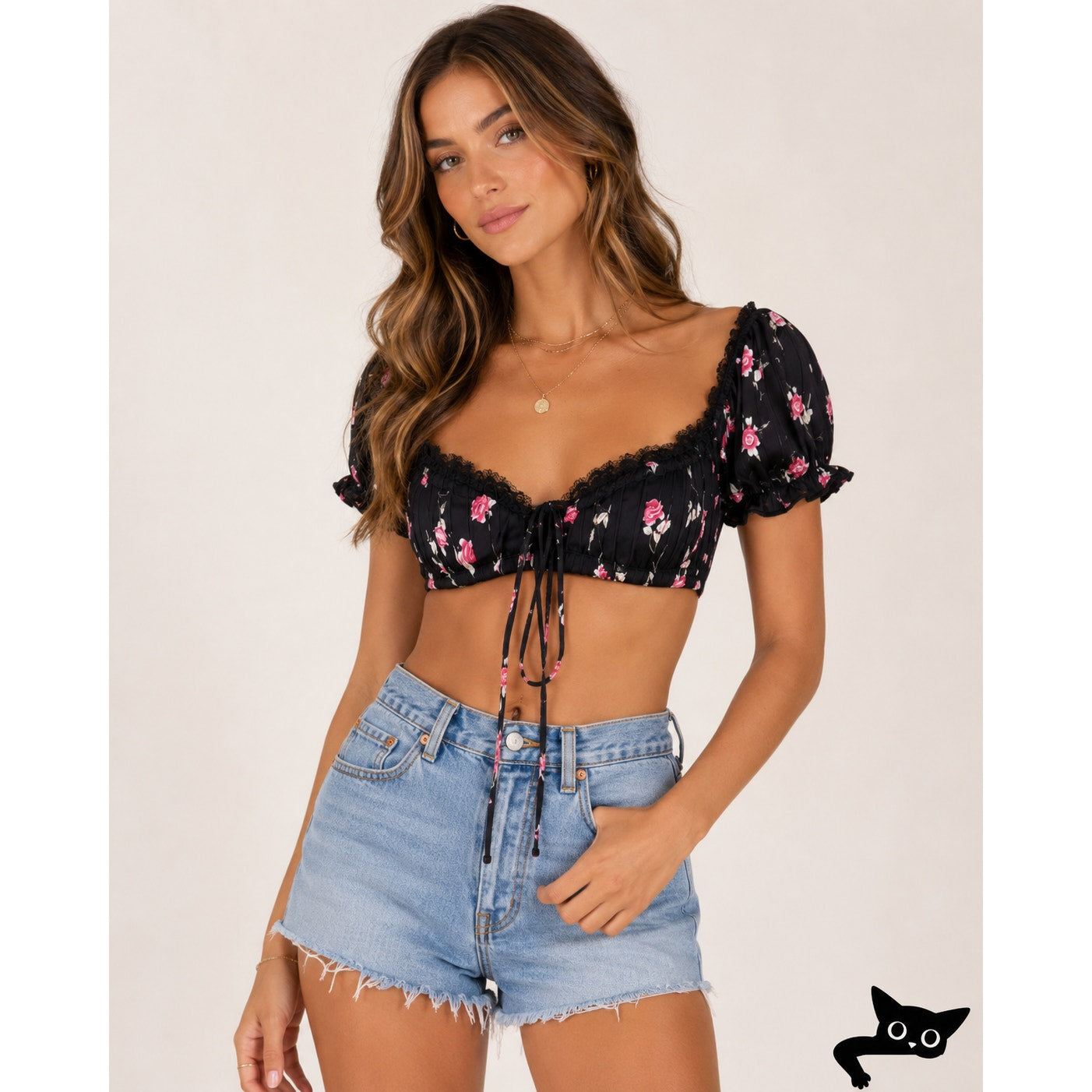 Rat & Boa Bonita Chic Satin Black Pink Floral Tie Top Sweetheart Neck Lace S