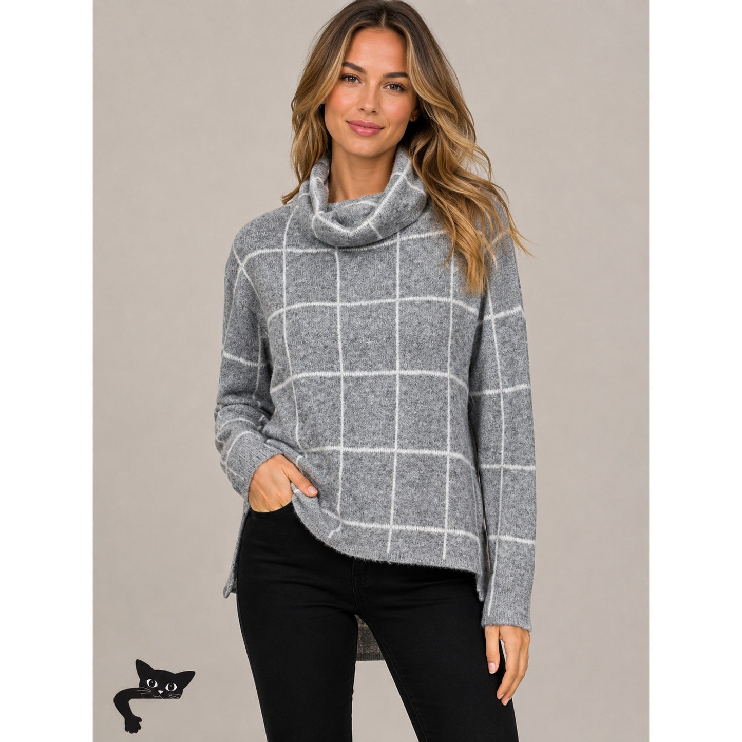 NWT Lumiere Gray & White Windowpane Cowl Neck Sweater S