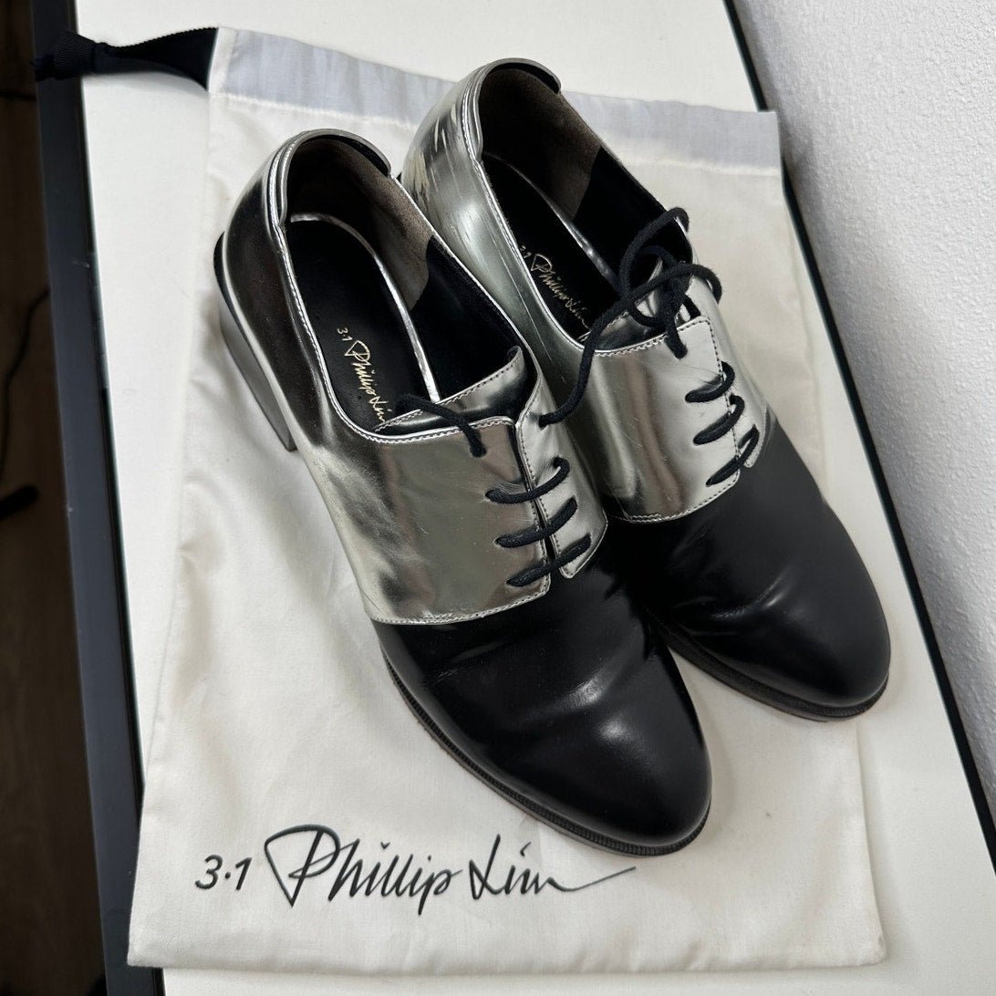 3.1 Phillip Lim Jillian Metallic Silver Shiny Black Oxford Tie Shoe 38 / 7.5