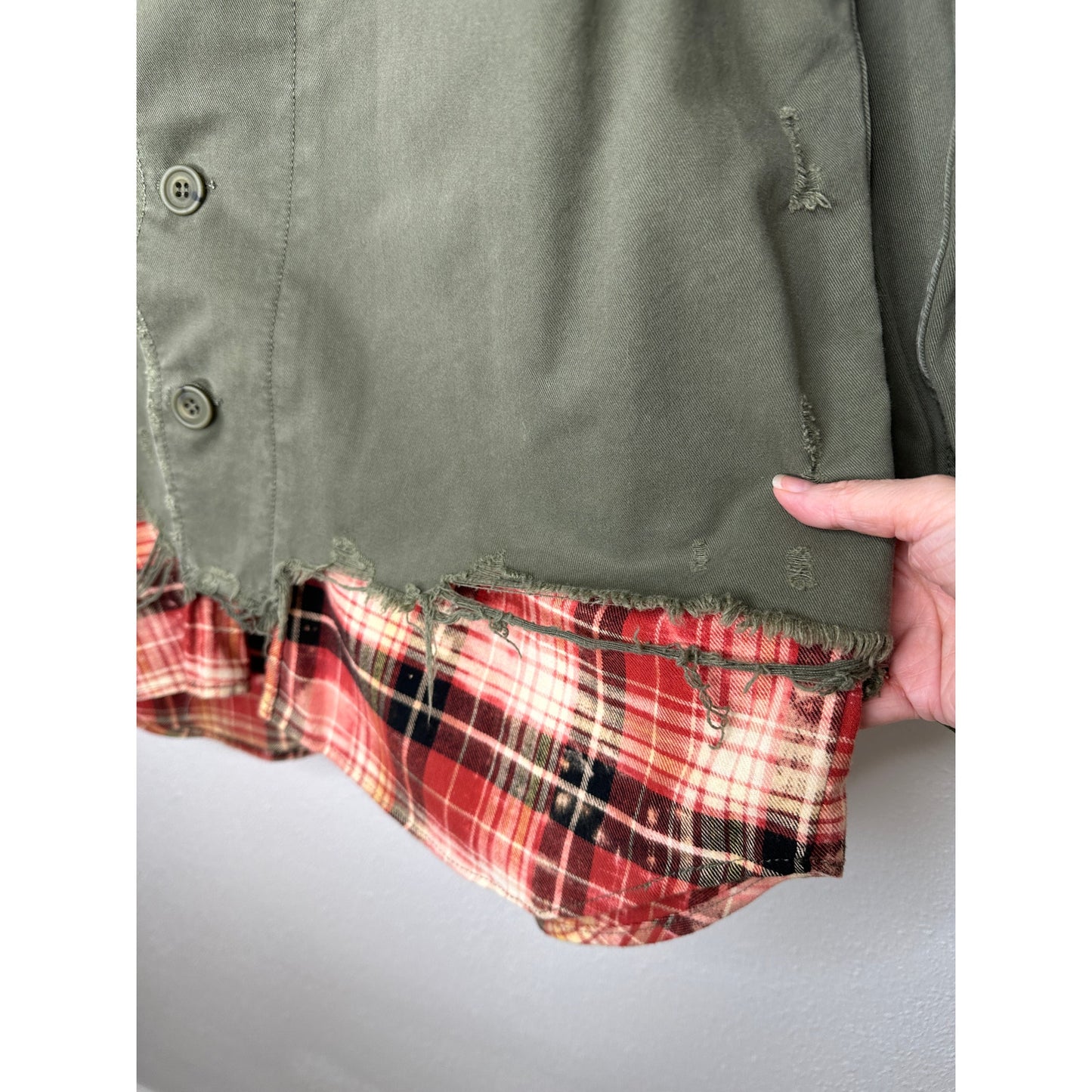 NWT Redemption Handmade Distressed Olive Military Shirt with Plaid Hem 44 / M