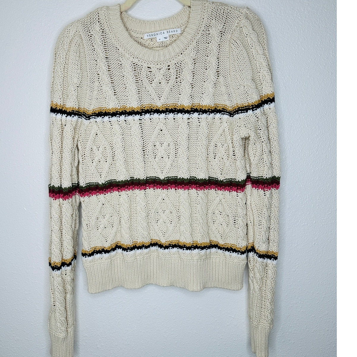Veronica Beard Bruna Cream Black Multi Stripe Chunky Knit Long Sleeve Sweater M