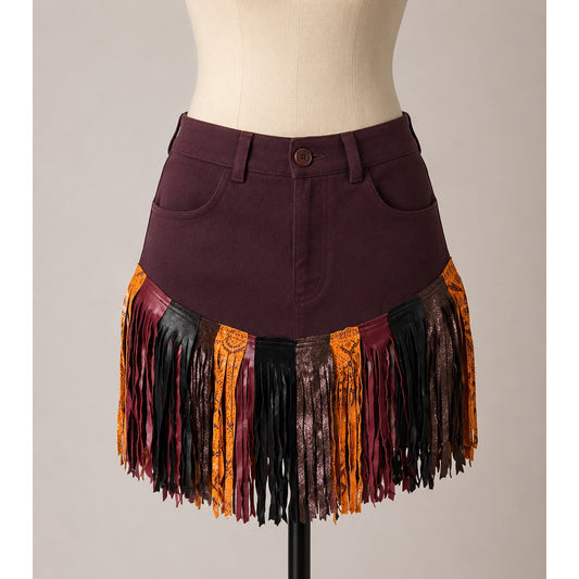Burgundy Mini Skirt Snake Print Orange Black Shimmer Brown Leatherette Tassels M