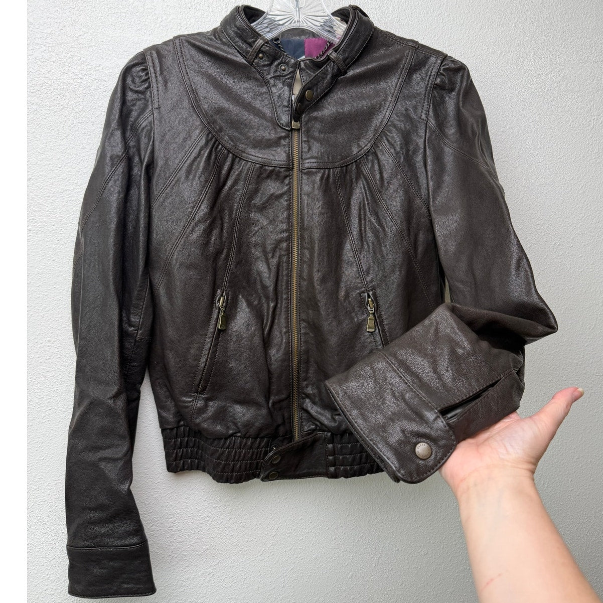 Ted Baker Brown Leather Jacket Womens US 6 Moto Gathered Zip