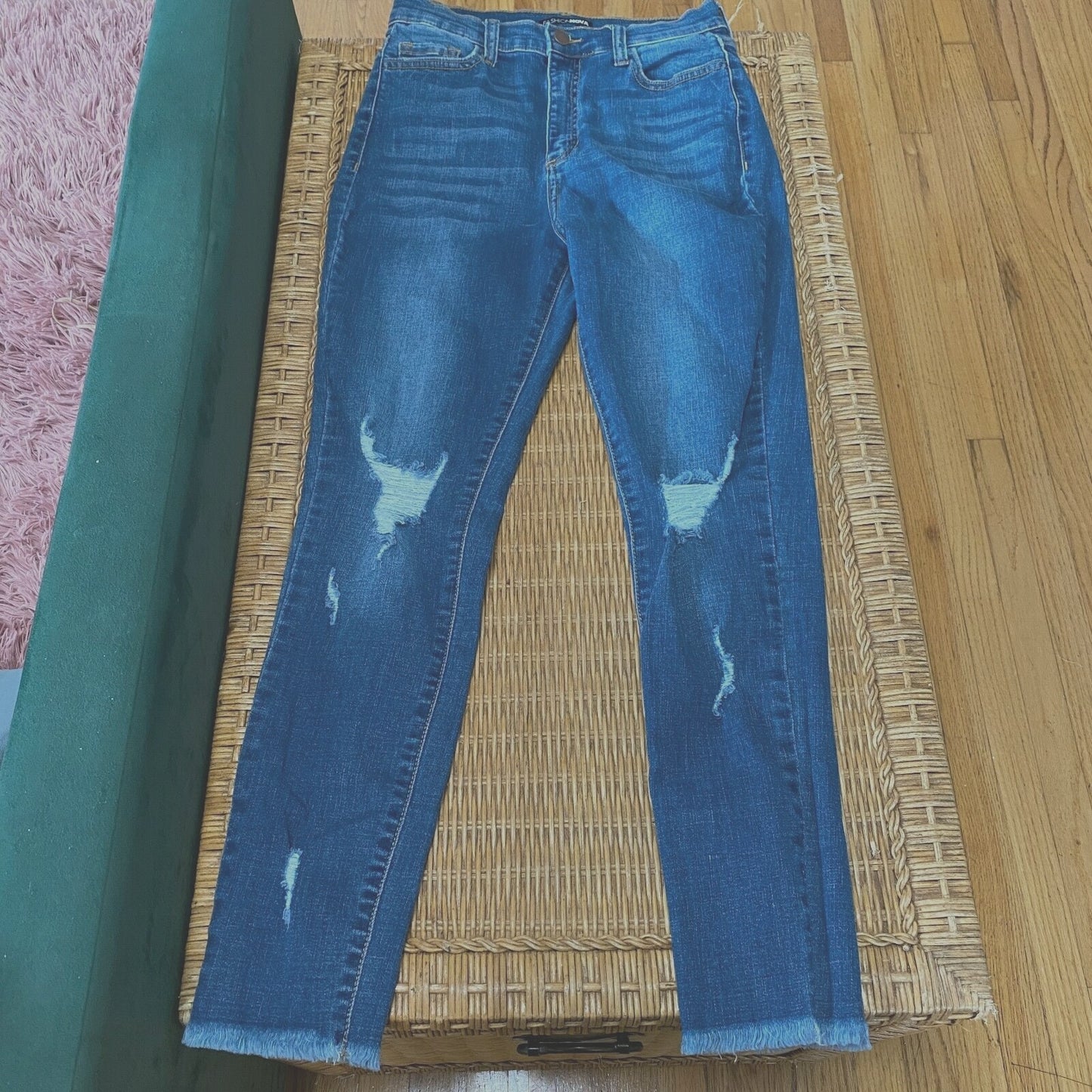 Fashion Nova Smiley High-Rise Distress Knees Jean Medium Blue Wash Raw Hem 7